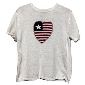 Sag Harbor White Knit American Flag Heart Short Sleeve Sweater Size Medium